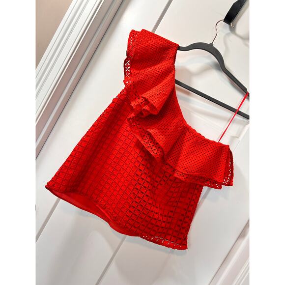 J. Crew Women's Eyelet One Shoulder Ruffle Blouse Top Boho Bohemian Red Size 6 - Picture 3 of 12